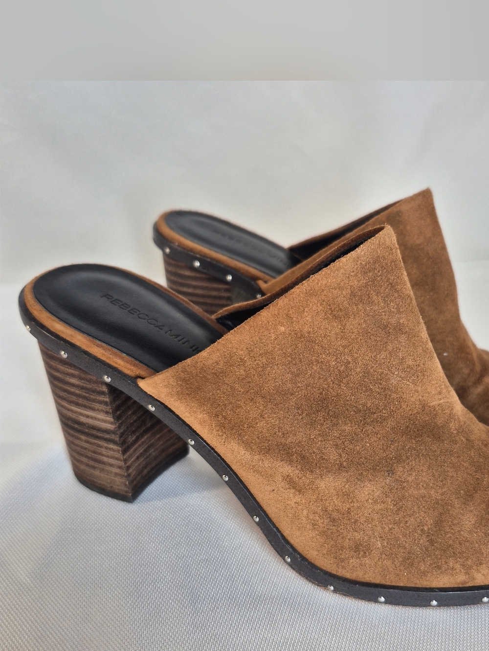 Rebecca Minkoff Womens 8.5M Brown Suede Studded Block Heel Mules Slip On Shoes